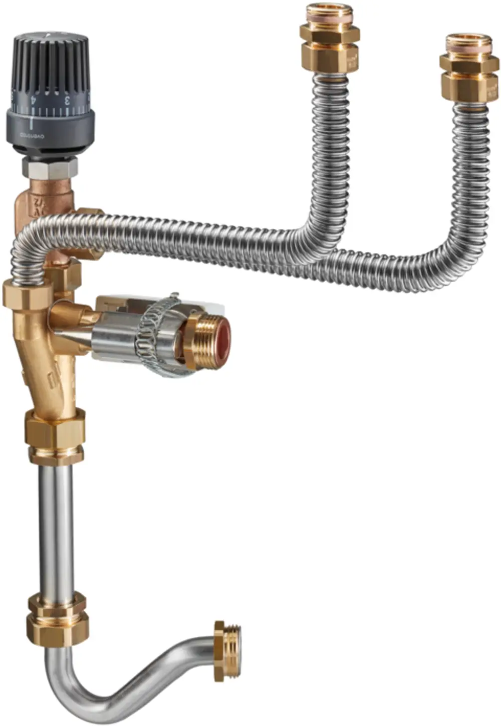 Vorlauftemperaturregelmodul mit wählbarem regulierbarem Thermostat, zwei flexiblen Anschlussleitungen und einem montierten Passstück, hergestellt von Oventrop.
